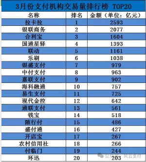 2024年3月份支付公司交易量排行榜TOP20